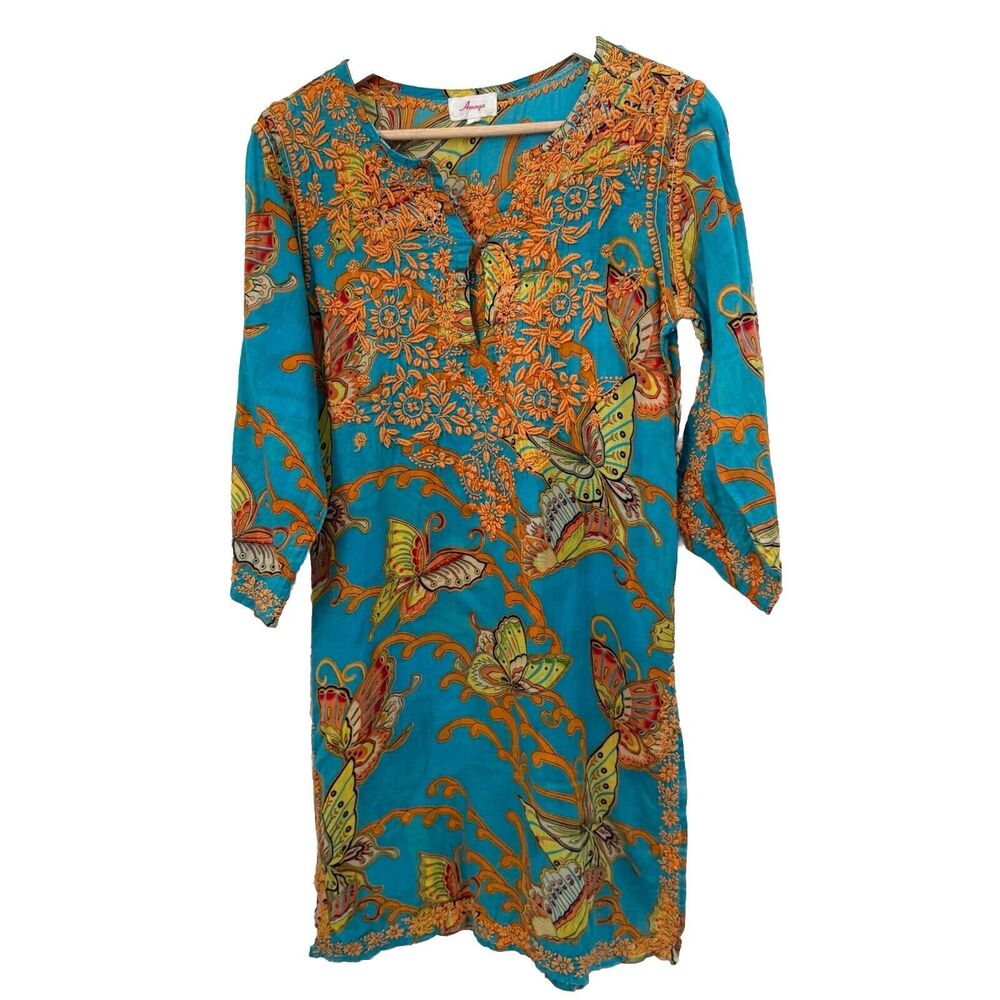 Amaya Embroidered Tunic Women's Small 100% Cotton Blue Floral Butterfly Cover Up